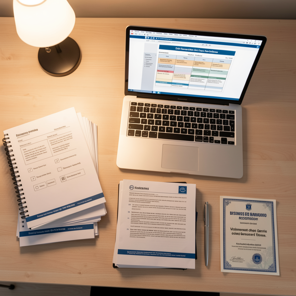 Desk with business startup documents and planning materials.
