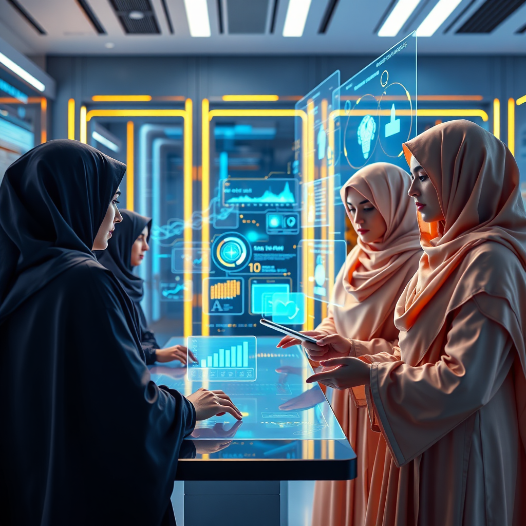 Women in Abayas working with AI