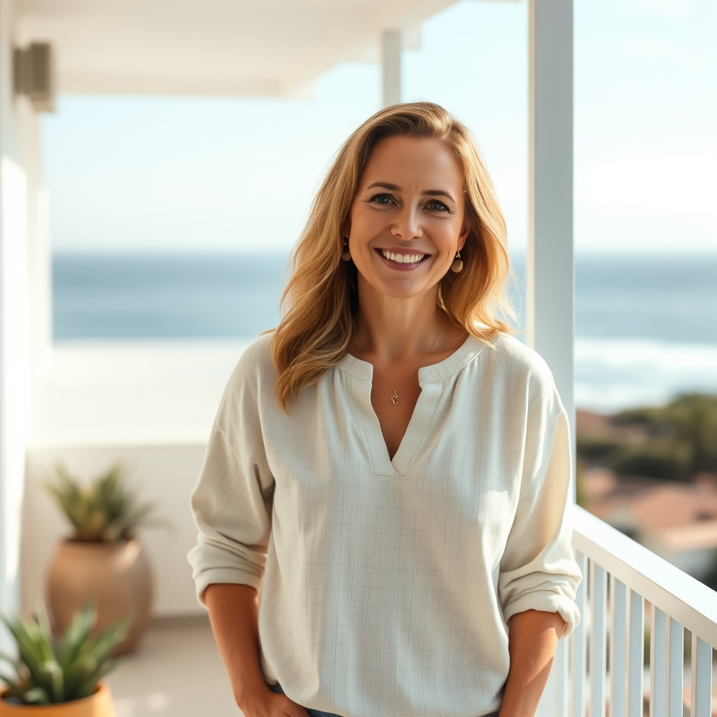 Gina smiling warmly on a coastal balcony