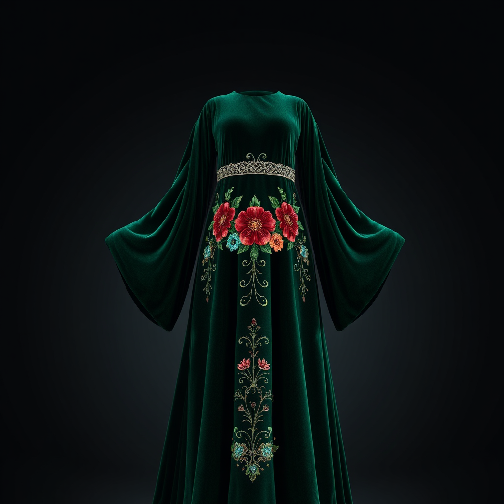 Emerald green velvet abaya with jewel-toned floral embroidery and bell sleeves