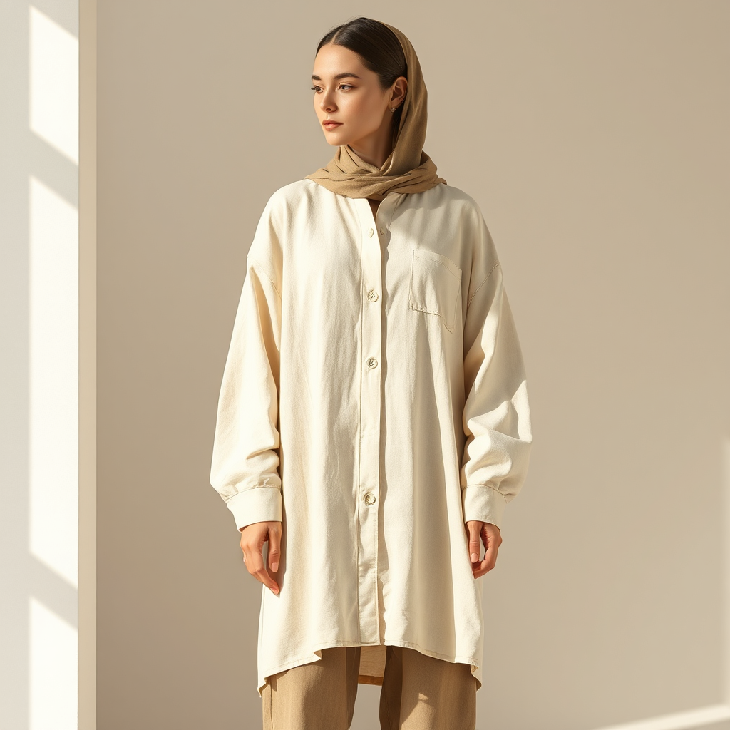 Sand-colored linen blend abaya with minimalist design