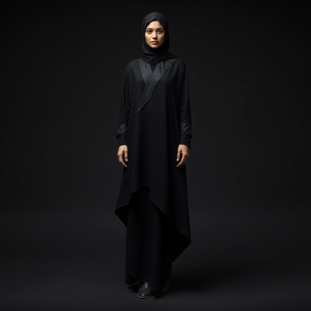 Black abaya with textured jacquard, asymmetrical hem, and deconstructed collar