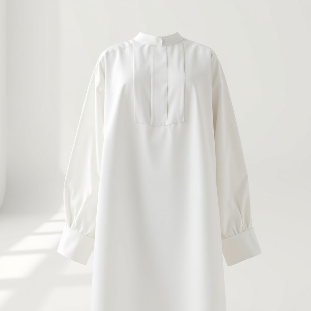 Crisp white cotton poplin abaya with sharp pleating details