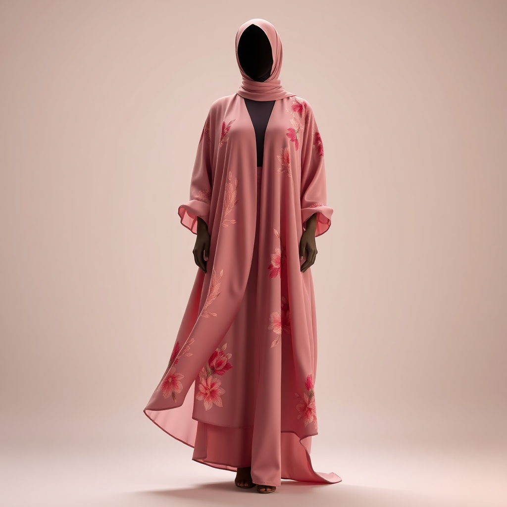 Dusty rose silk charmeuse abaya with hand-painted floral motifs