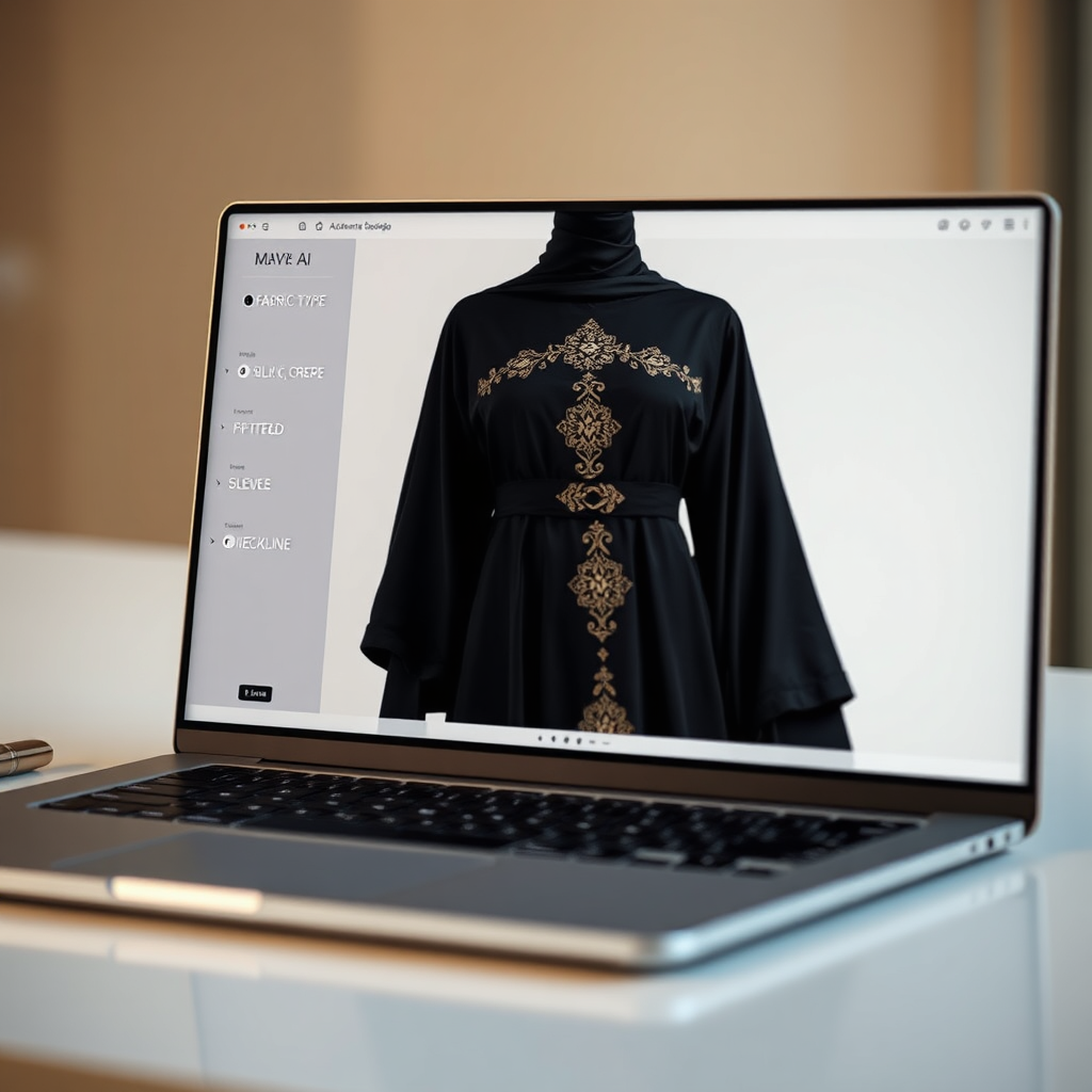 AI Abaya design interface on a laptop screen