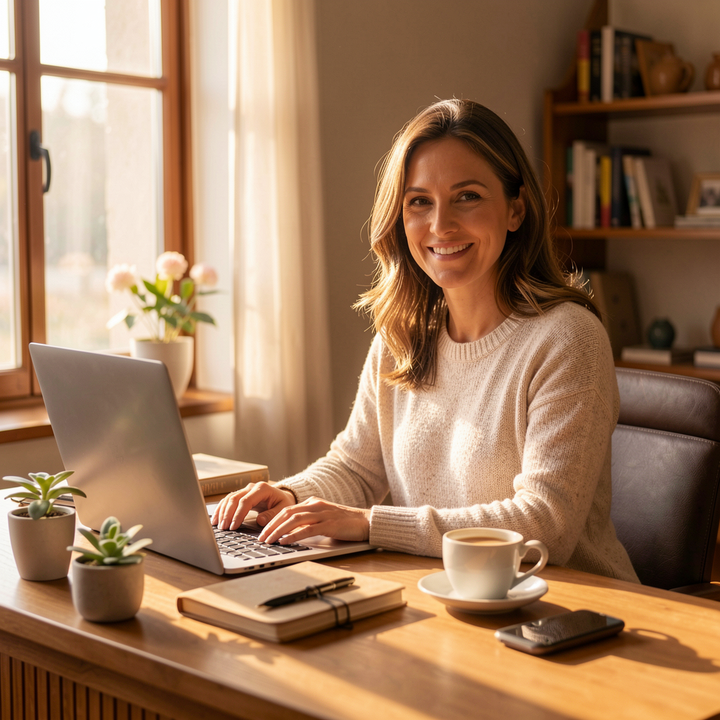 Gina working at a stylish home office desk with sunlight streaming in.