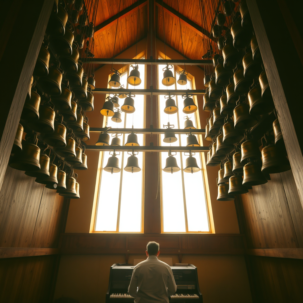 Interior of a carillon tower with bells