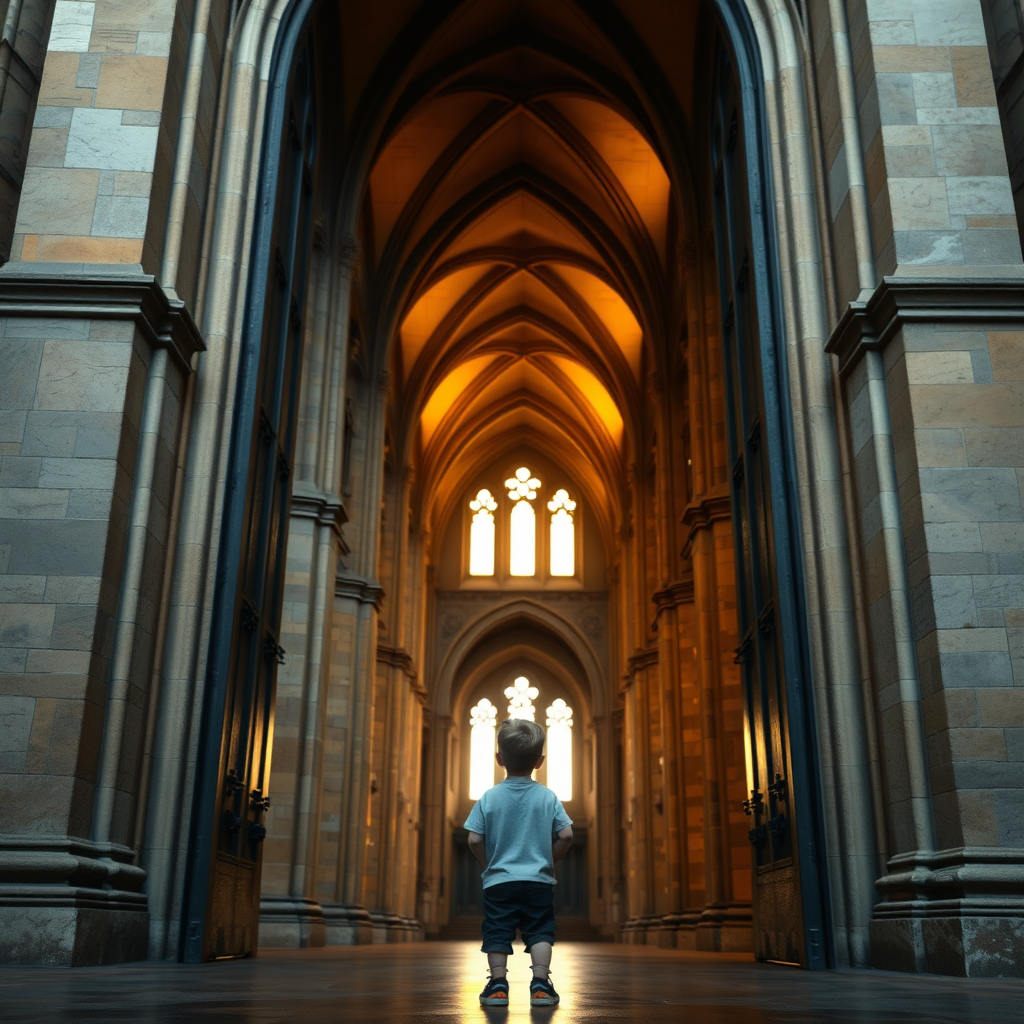 Young boy looking up at cathedral architecture