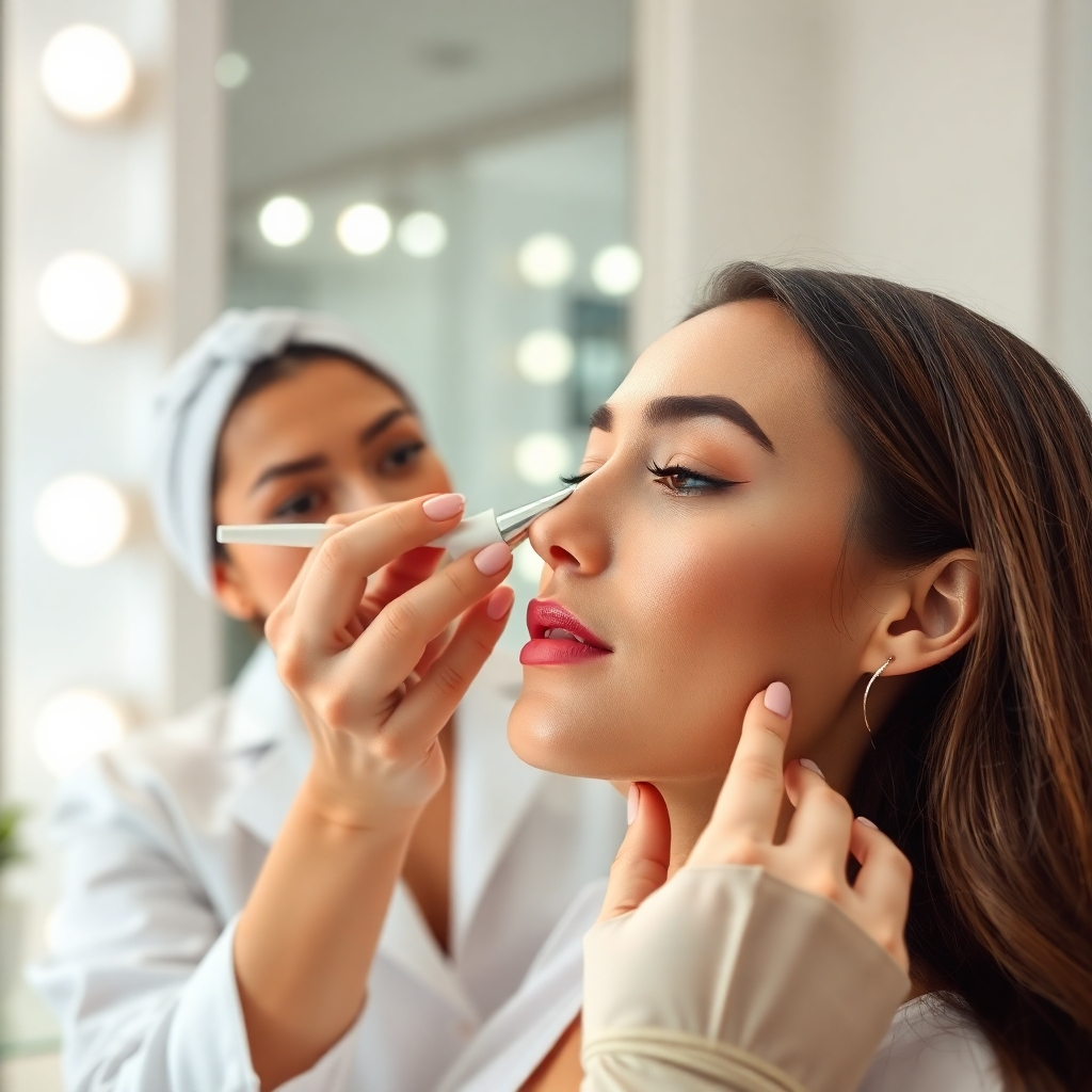 A close-up image of a beautician applying skincare products on a client's face, emphasizing professionalism and care. The environment should be clean and bright, with soft colors creating a comfortable atmosphere. Include subtle reflections in mirrors and lights to add depth. The camera angle should be slightly above, focusing on the interaction between the beautician and the client. Style references suggest expertise and elegance. Technical specs: high quality, photorealistic.