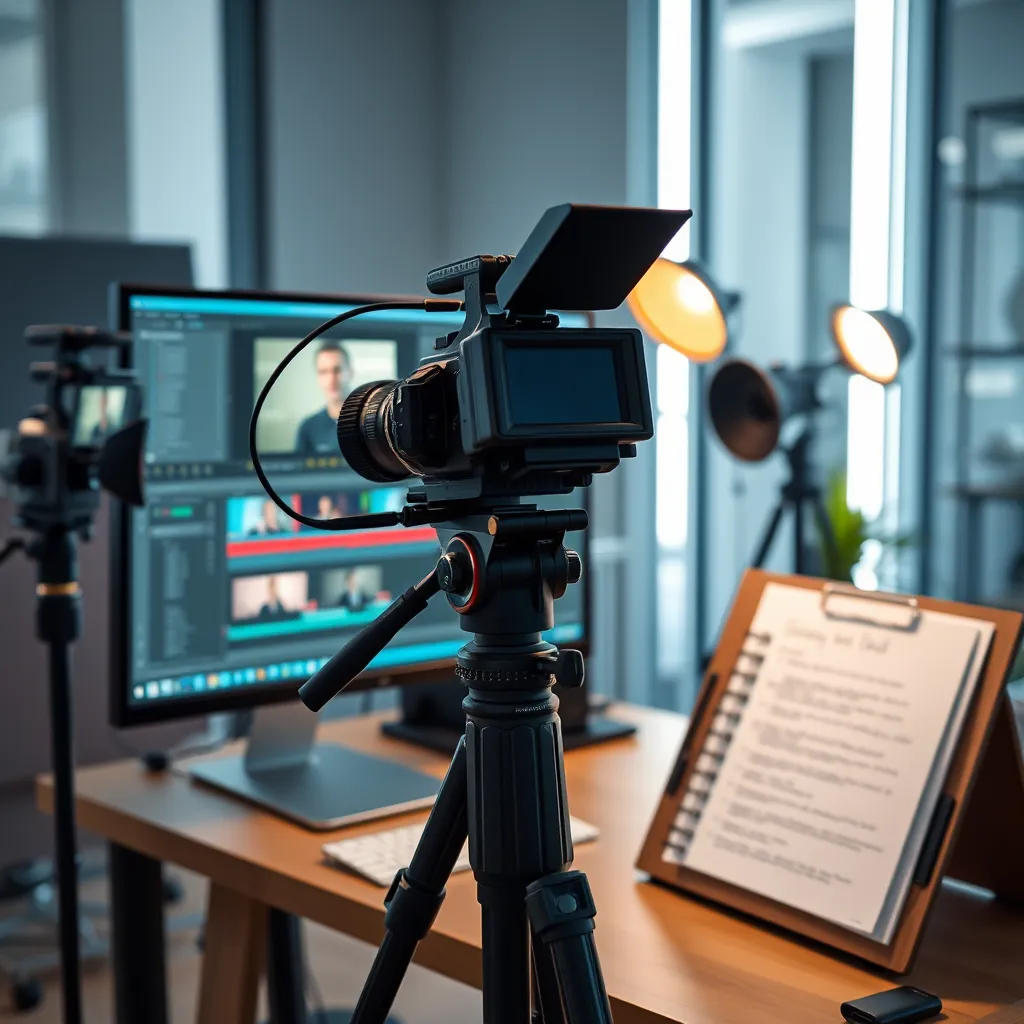 A close-up shot of a video producer's workspace featuring a high-end camera on a tripod, a computer with video editing software open, and a storyboard with script notes. The setting is a modern, well-lit studio.