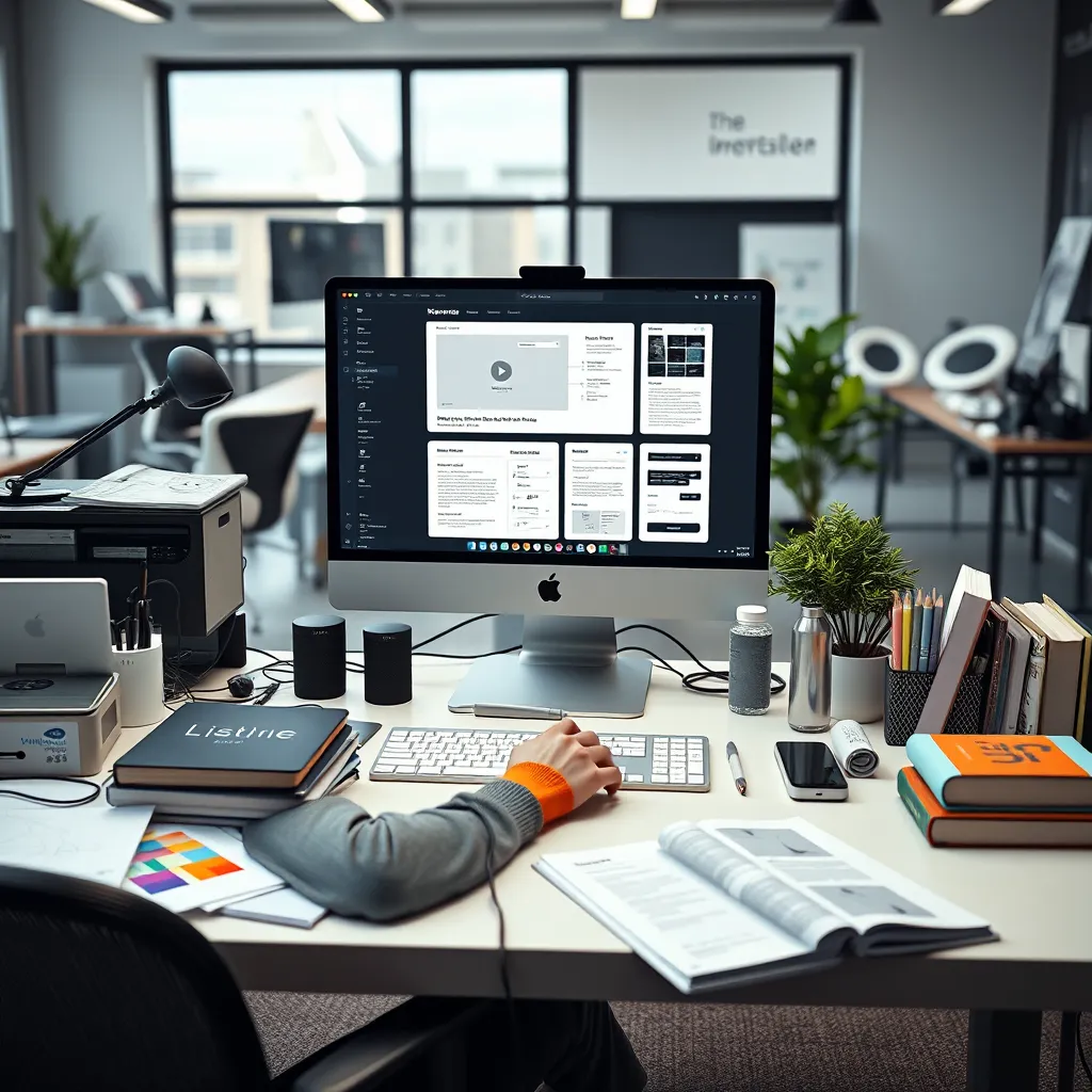 A designer at a clutter-free desk working on a sleek, modern computer, with a website wireframe displayed on the screen. Surrounding the desk are design sketches, color palettes, and UI/UX reference books. The background should be a stylish, modern office.