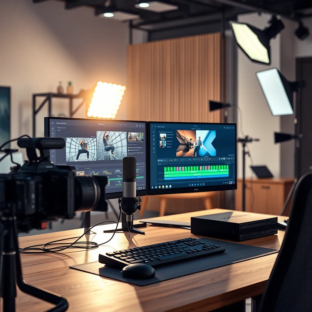 A detailed image of a modern video editing workstation with dual monitors, displaying a video editing software interface. The scene includes a high-end camera, a microphone, and lighting equipment in a well-organized, stylish studio.