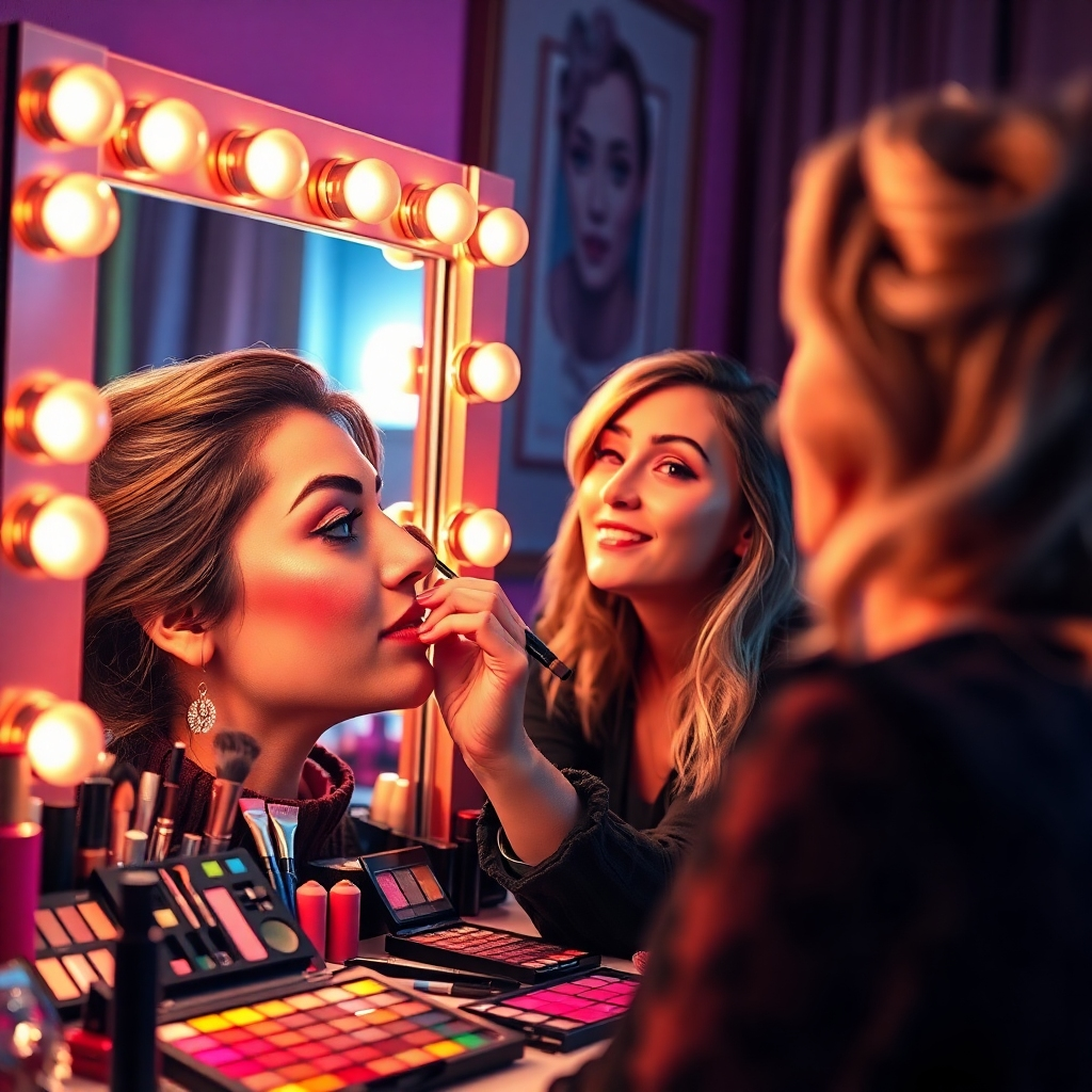 A dynamic image of a makeup artist applying makeup to a client in front of a illuminated vanity mirror. The scene captures vibrant colors from makeup products and elegant lighting that enhances the atmosphere. Include a variety of beauty tools and palettes in view, emphasizing creativity. The camera angle should focus closely on the client’s face to capture expressions of excitement. Technical specs: high quality, photorealistic.