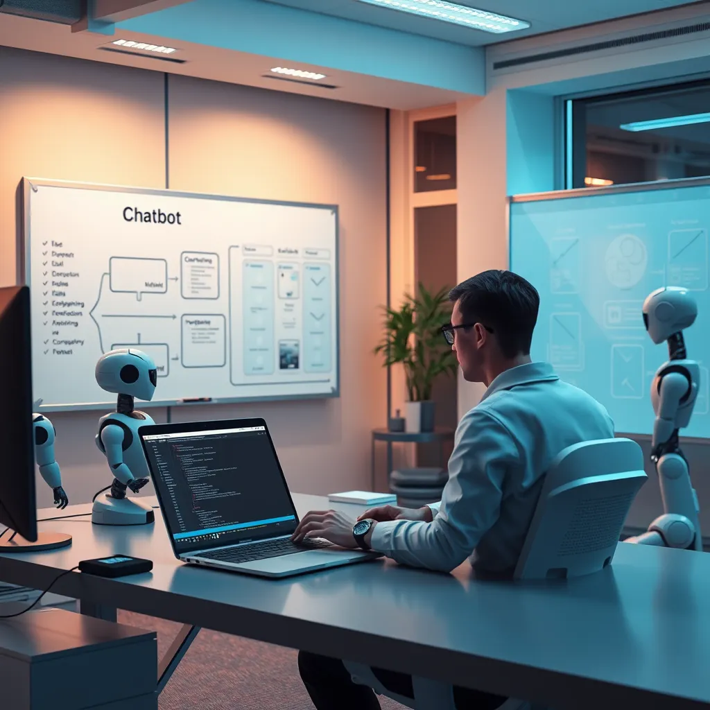 A futuristic office space with a developer working on a laptop displaying chatbot programming interface. Nearby, there's a robot assistant and a digital whiteboard showing a chatbot conversation flowchart. The setting should be modern with a touch of high-tech elements.