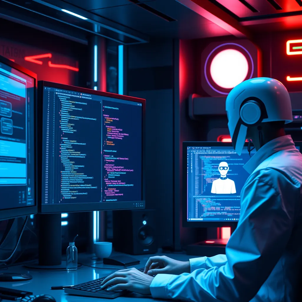 A futuristic workspace with a programmer working on chatbot code displayed on multiple monitors. One screen shows a conversation flowchart, another displays code, and a third has a chatbot interface. Digital and futuristic elements highlight AI concept.