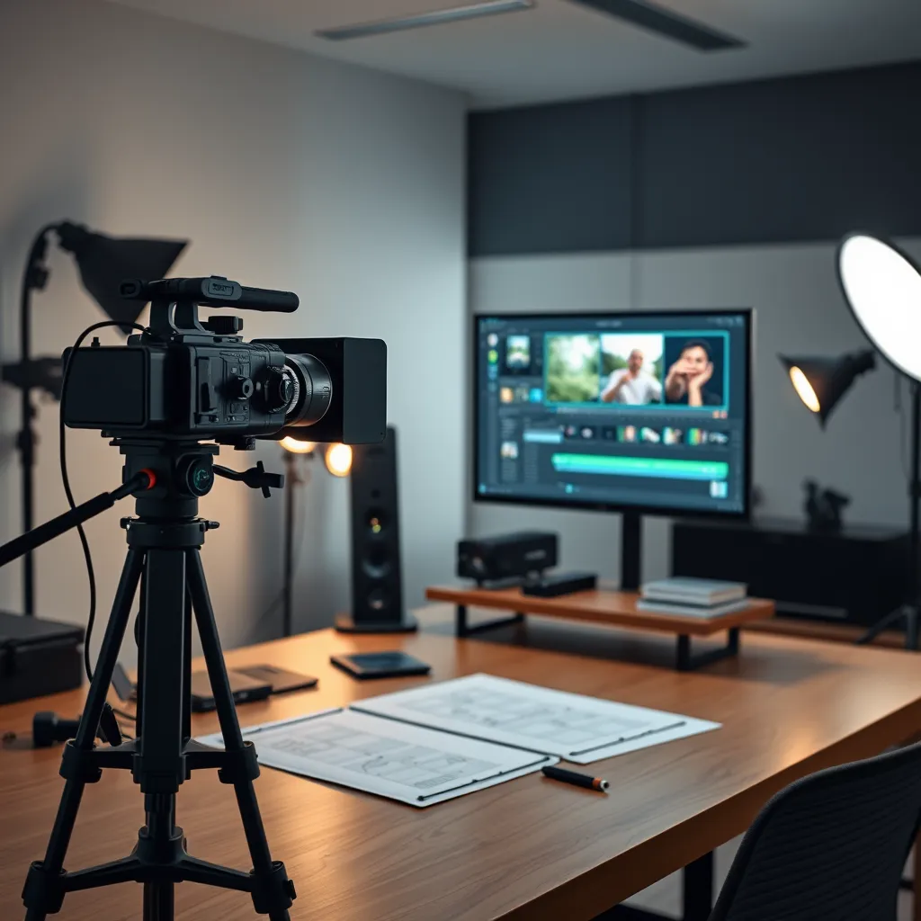 A modern workspace with a professional video camera on a tripod, a computer screen displaying video editing software, storyboard sketches on a desk, and a lighting setup. The environment should be well-lit, organized, and creative.