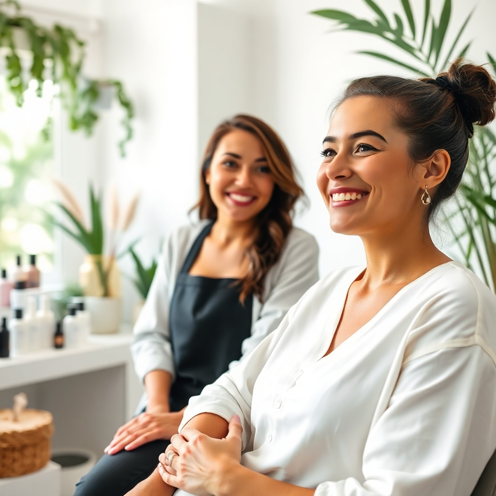 A photorealistic image symbolizing a welcoming beauty center. The focus should be on a friendly stylist attending to a client. The setting has soft natural lighting, with a color palette of greens and whites to convey a fresh and relaxing feel. Include beauty products and plants in the background to enhance the vibe. The camera angle features a close-up, emphasizing the interaction and satisfaction of the client. Style references include serene and inviting. Technical specs: 4K resolution, high quality.