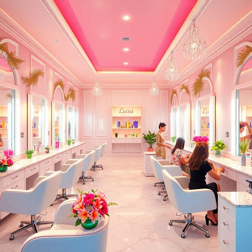 A photorealistic, ultra-high quality image of a vibrant beauty salon interior that showcases Luisa Beauty Salon. The composition features elegant furniture, bright mirrors, and well-organized beauty products. The lighting is warm and inviting, with a color palette of soft pastels and vibrant highlights to evoke a sense of luxury. Camera angle should be slightly elevated to capture the overall ambiance, including a glimpse of clients enjoying treatments, stylists at work, and fresh flowers as props. The style references include contemporary chic with a touch of tropical flair. Technical specs: 8K resolution, hyperrealistic.