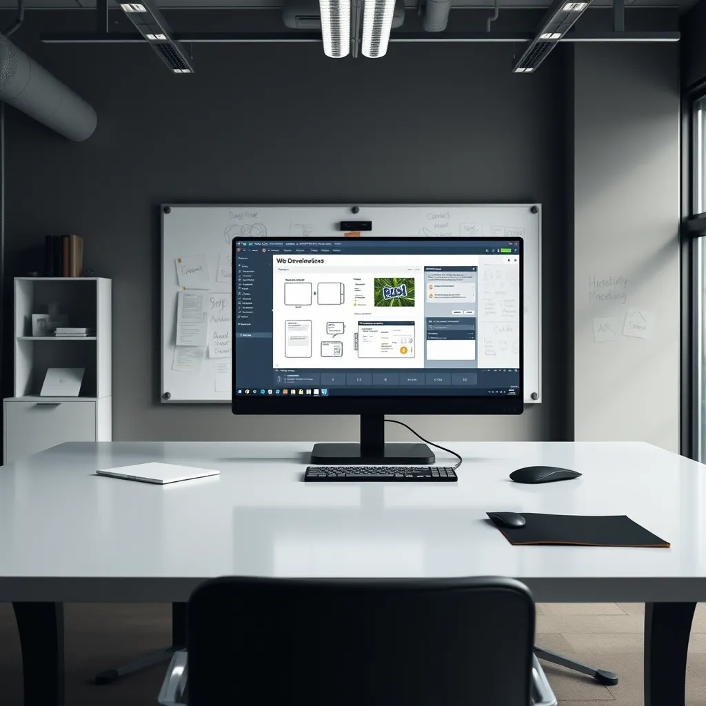 A sleek design studio with a large desk, featuring a high-resolution computer screen displaying a web development application. The background shows a whiteboard with wireframes, sticky notes, and sketches, suggesting the website design process.