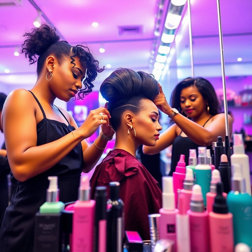 A striking image highlighting the latest beauty trends in Santo Domingo salons. Show two stylists working on a trendy hairdo for a model, surrounded by contemporary beauty products. Use vibrant colors and dynamic compositions to reflect the upbeat atmosphere. The lighting is bright and lively, capturing the excitement of beauty innovation. Camera angle should make the action dynamic, encouraging engagement. Technical specs: high quality, photorealistic.