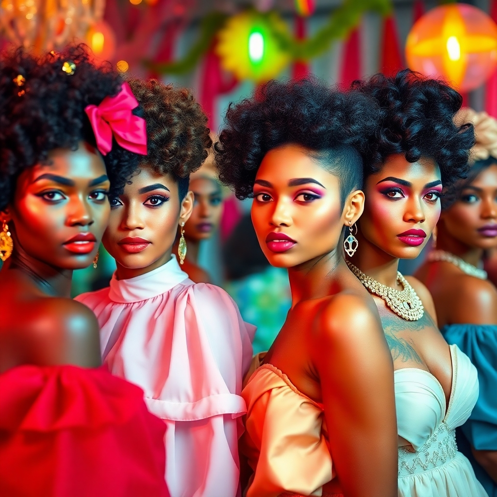 A stylish representation of a blend between traditional and modern beauty looks. Feature a diverse group of models showcasing different hair and makeup styles influenced by both the Dominican culture and contemporary trends. The setting should be colorful with lively decorations and engaging lighting. The camera should have a slightly wide-angle to capture the scene’s vibrancy. Style references include cultural fusion with a modern twist. Technical specs: high quality, photorealistic.