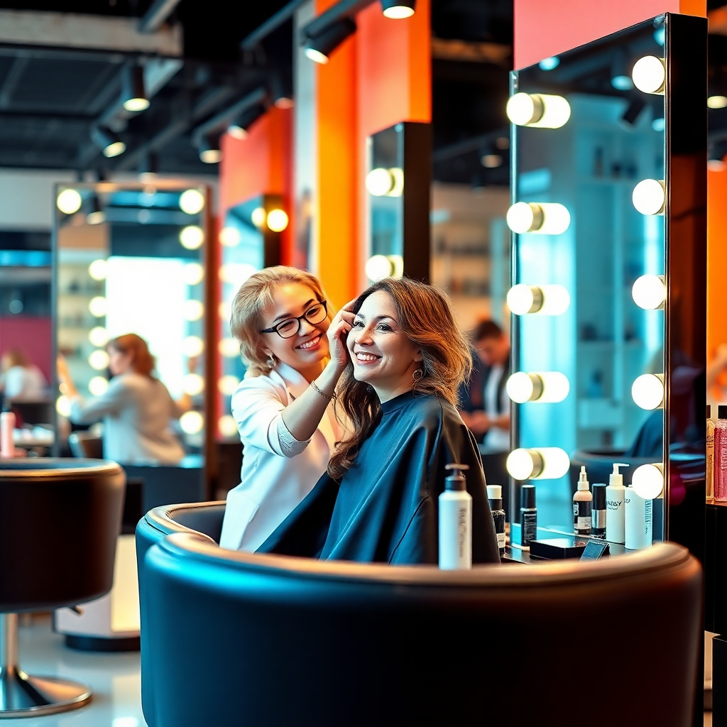 A stylish representation of modern beauty salons, showcasing cutting-edge hair and makeup services. Capture a stylist giving a client a stylish haircut, with mirrors reflecting their joyful expressions. Use bright, modern décor and professional lighting to create a fashion-forward vibe. The colors should be bold and modern, casting highlights that accentuate the contemporary aesthetic. Technical specs: high quality, photorealistic.