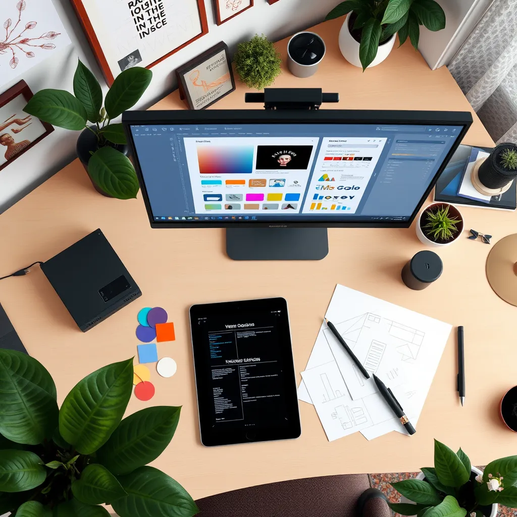 A top-down view of a web designer's desk with a computer displaying a website design tool, color swatches, wireframe sketches, and a tablet with a stylus. Surroundings include inspirational design elements and plants for a creative atmosphere.