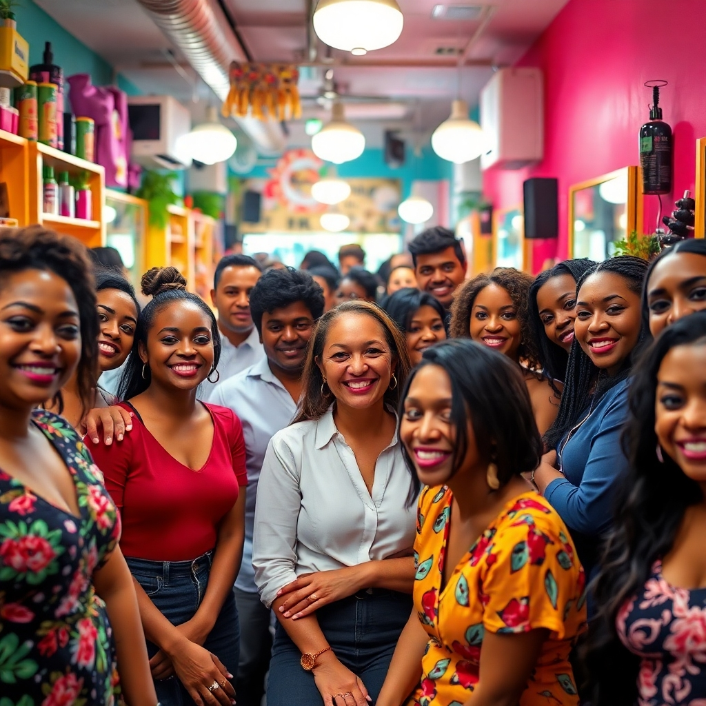A vibrant and engaging image that represents the essence of beauty salons in Santo Domingo. Show a diverse group of satisfied clients surrounded by professional stylists. The environment is colorful and bustling with a lively atmosphere. Use bright and inviting lighting, highlighting the joy of personal care. Camera angle should be at eye level to create a connection with the viewer. Style references include lively urban vibes. Technical specs: high quality, photorealistic.