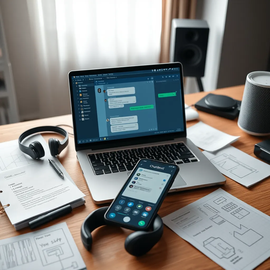 An AI developer's workspace with a laptop showing a chatbot software interface. Surrounding the laptop are notes, flowcharts, and a smartphone displaying a chat interface. The setting includes tech accessories like headphones and smart speakers.