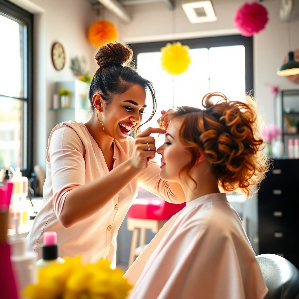 An energetic image showcasing a stylist passionately working on a client's hair, highlighting the creativity involved in personalizing styles. The setting is vibrant and bright, featuring beauty products and colorful decorations. Use natural sunlight filtering through large windows to add an airy feel. The angle should focus closely on the stylist and client, capturing the dynamic interaction. Style references evoke creativity and personal expression. Technical specs: high quality, photorealistic.