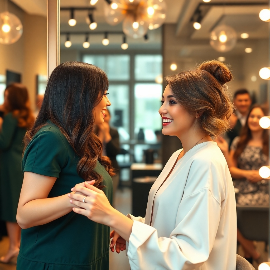 An engaging image depicting the overall experience of a client at a beauty salon. Capture the moment of a stylist unveiling a new hairstyle to a delighted client in front of a mirror. The atmosphere is lively with happy clients in the background. The lighting should create a celebratory mood with warm tones. The camera angle focuses on the expressions of joy and surprise. Style references include a memorable occasion. Technical specs: high quality, photorealistic.
