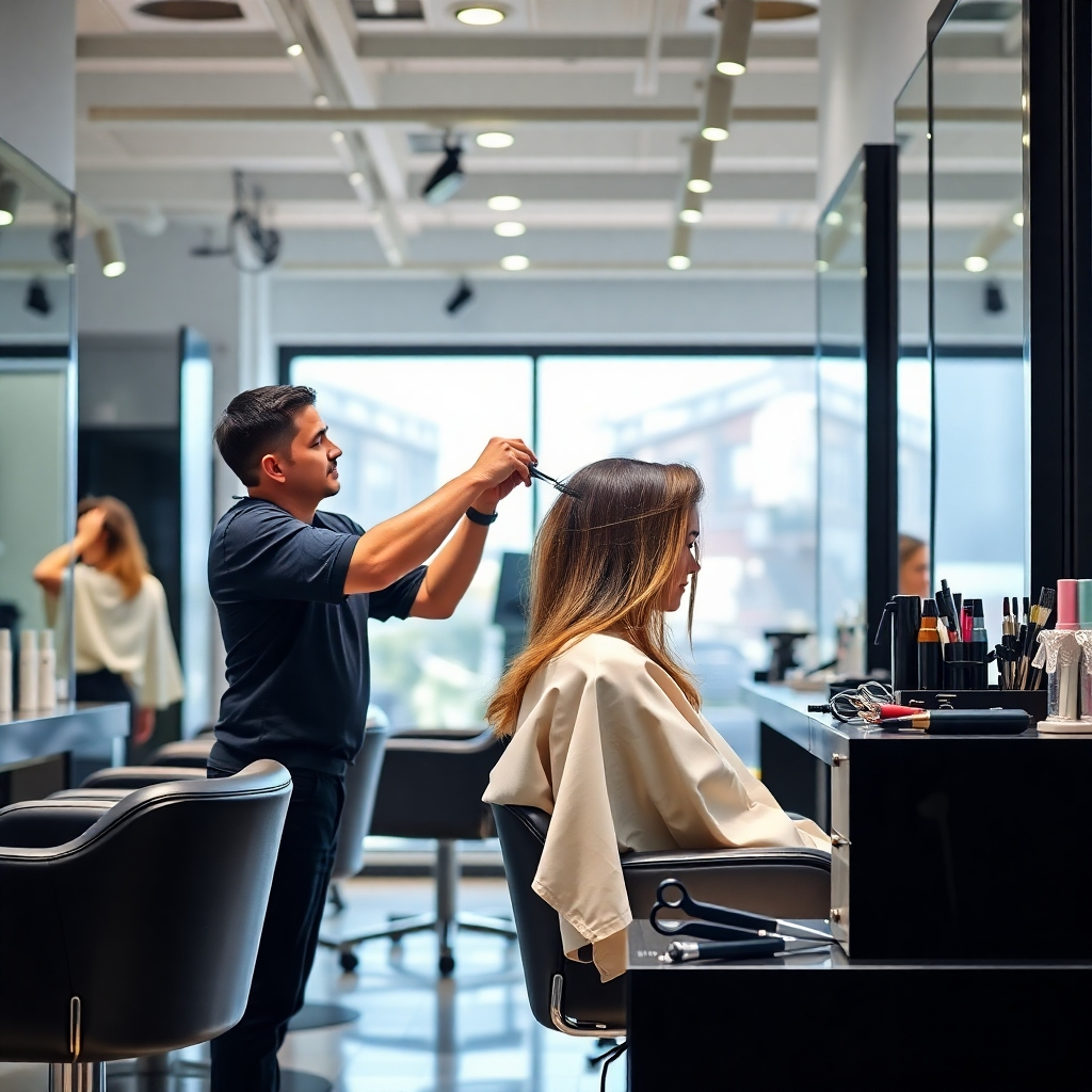 An image depicting a skilled hairstylist cutting a client's hair in a modern salon environment. The setting includes elegant chairs and large mirrors reflecting the activity. The stylist is focused and precise, with a variety of tools visible on a nearby station. The lighting is bright and vibrant, highlighting the hair and styling process. Technical specs: high quality, photorealistic.