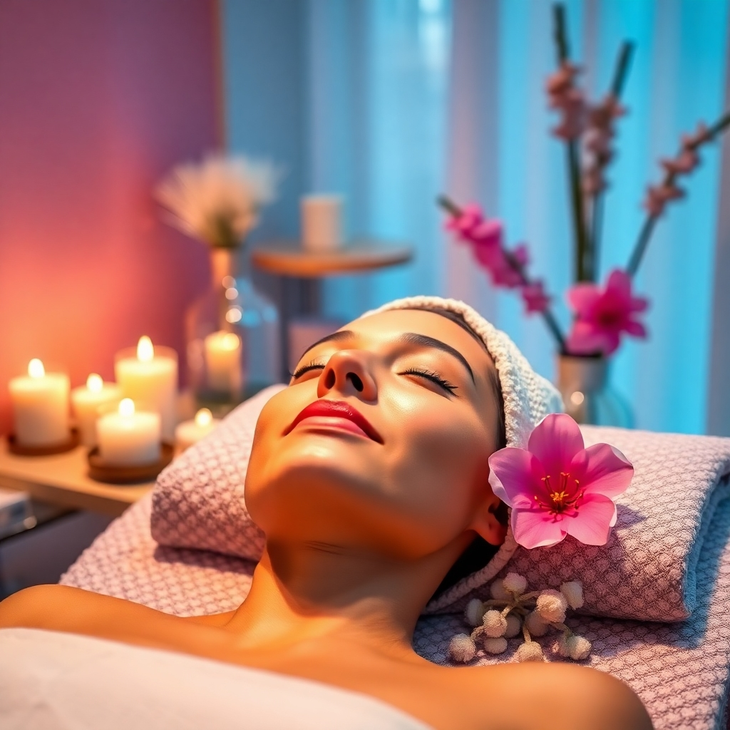 An image representing relaxation and wellness in a beauty salon. Focus on a tranquil treatment room with soothing colors and soft lighting, featuring a client receiving a facial treatment. Props should include aromatic candles and relaxing music elements. The camera should capture the peaceful expressions of the client and the calming atmosphere. Style references evoke a spa-like environment. Technical specs: high quality, stylized.