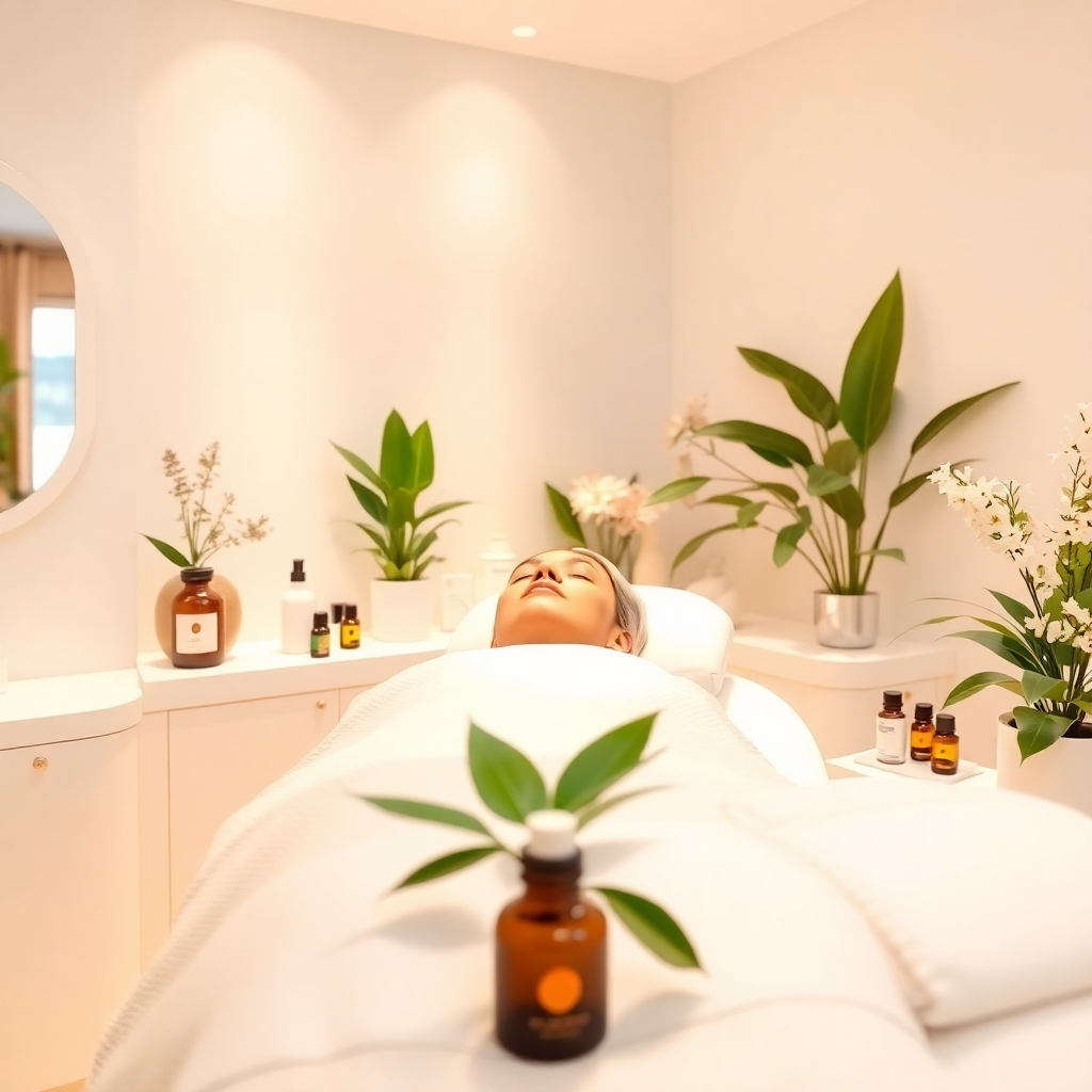 An inviting image of a relaxing beauty treatment room with soft pastel colors and serene lighting. Show a client enjoying a soothing treatment while surrounded by health-conscious products. Include elements like green plants and essential oils to convey a sense of wellness. The angle should create intimacy, inviting the viewer into the experience. Style references reflect tranquility and care. Technical specs: high quality, photorealistic.