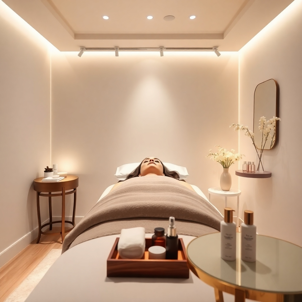 An inviting image of a serene facial treatment room, showcasing a relaxing atmosphere with soft lighting and gentle colors. A client is on a treatment bed, enjoying a facial while beauty products are tastefully arranged on a nearby table. The camera angle can be wide to capture the peaceful surroundings. Style references suggest luxury and tranquility. Technical specs: high quality, photorealistic.