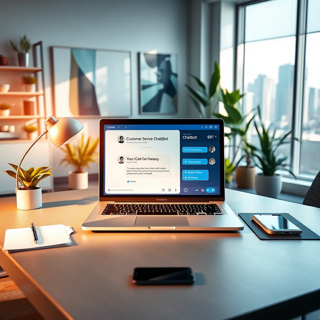 Create an ultra-high definition, photorealistic image of a customer service chatbot interface in a dynamic office environment. The central subject is a sleek laptop on a modern desk, displaying a vibrant, AI chatbot conversation window. Light the scene with diffused warm sunlight creating a productive and engaging mood. The color palette includes modern hues like white, silver, sky blue, and occasional pops of green from plant elements. Capture the scene from a frontal angle that showcases the interface clearly while including surrounding elements like a notepad, pen, and a smartphone. Textures include the smooth surface of the laptop, the matte finish of the desk, and the soft appearance of indoor plants. Background elements feature office shelves, abstract wall art, and a large window offering a cityscape view. Style the image in the vein of cutting-edge tech and corporate photography with hyperrealistic detailing in 8K resolution.