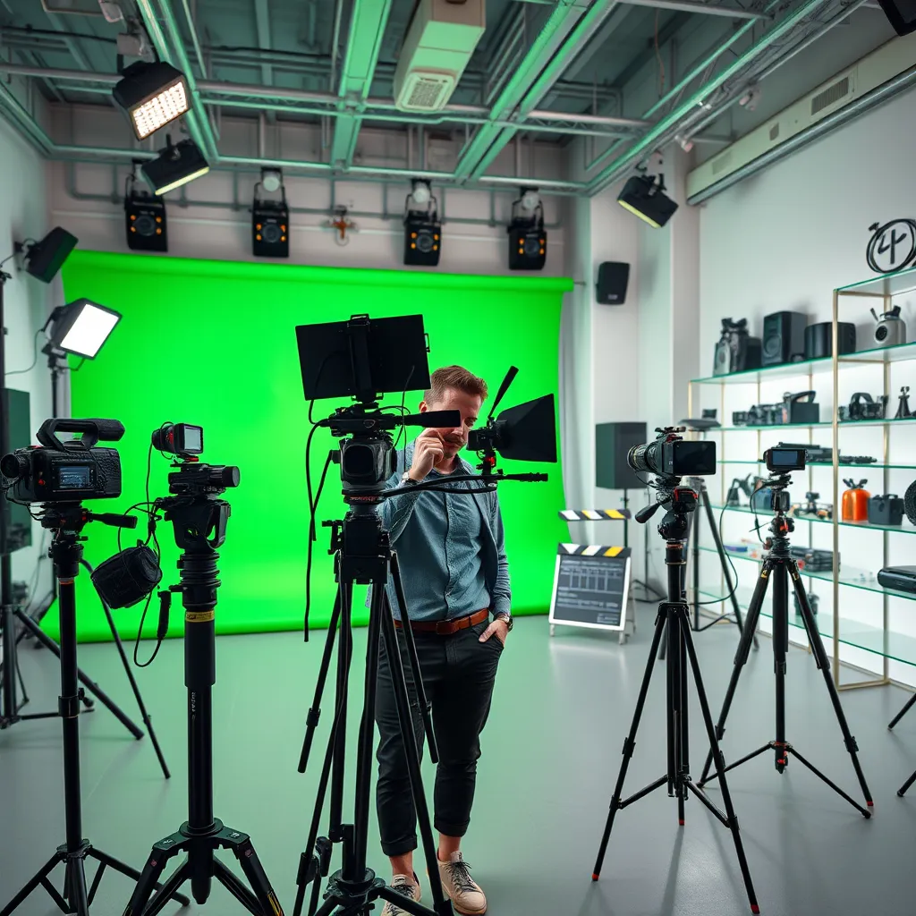 Create an ultra-high definition, photorealistic image of a creative video production environment. The setting is a modern studio with professional-grade cameras on tripods, a large green screen in the background, and soft diffused lighting illuminating the scene. The central subject is a content creator wearing casual business attire, focused on the camera setup. Around the studio, various high-tech props such as LED lights, microphone booms, and a clapperboard add to the authenticity. The color palette should incorporate sleek blacks, metallic silvers, and hints of vibrant color reflecting off the equipment displays. Capture the scene from a slightly elevated angle, offering a wide perspective that includes a mix of smooth surfaces and textured details like cables and tripods. Background elements include various tech gadgets and shelves with neatly arranged production equipment. Style the image in the vein of modern commercial photography with hyperrealistic detailing in 8K resolution.