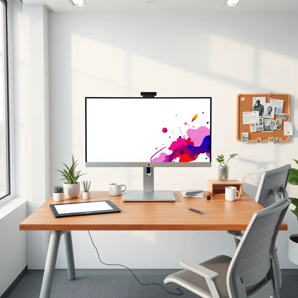 Generate an ultra-high definition, photorealistic image of a website design workstation. The central focus is a modern computer monitor displaying a sleek, responsive website. The environment should be a contemporary office with soft diffused daylight streaming through large windows. The desk is adorned with design tools such as a digital drawing tablet, a stylus, and color swatches. The color palette includes calming whites, cool greys, and splashes of vibrant accent colors on the screen. Capture the scene from a straight-on perspective that emphasizes the sleekness of the workspace. Include textures of a wooden desk, metallic elements on the monitor stand, and a comfy ergonomic chair. Around the workspace, elements such as potted plants, design mockups pinned to a corkboard, and a coffee mug create a productive atmosphere. Style the image in the manner of high-end tech product photography with hyperrealistic detailing in 8K resolution.