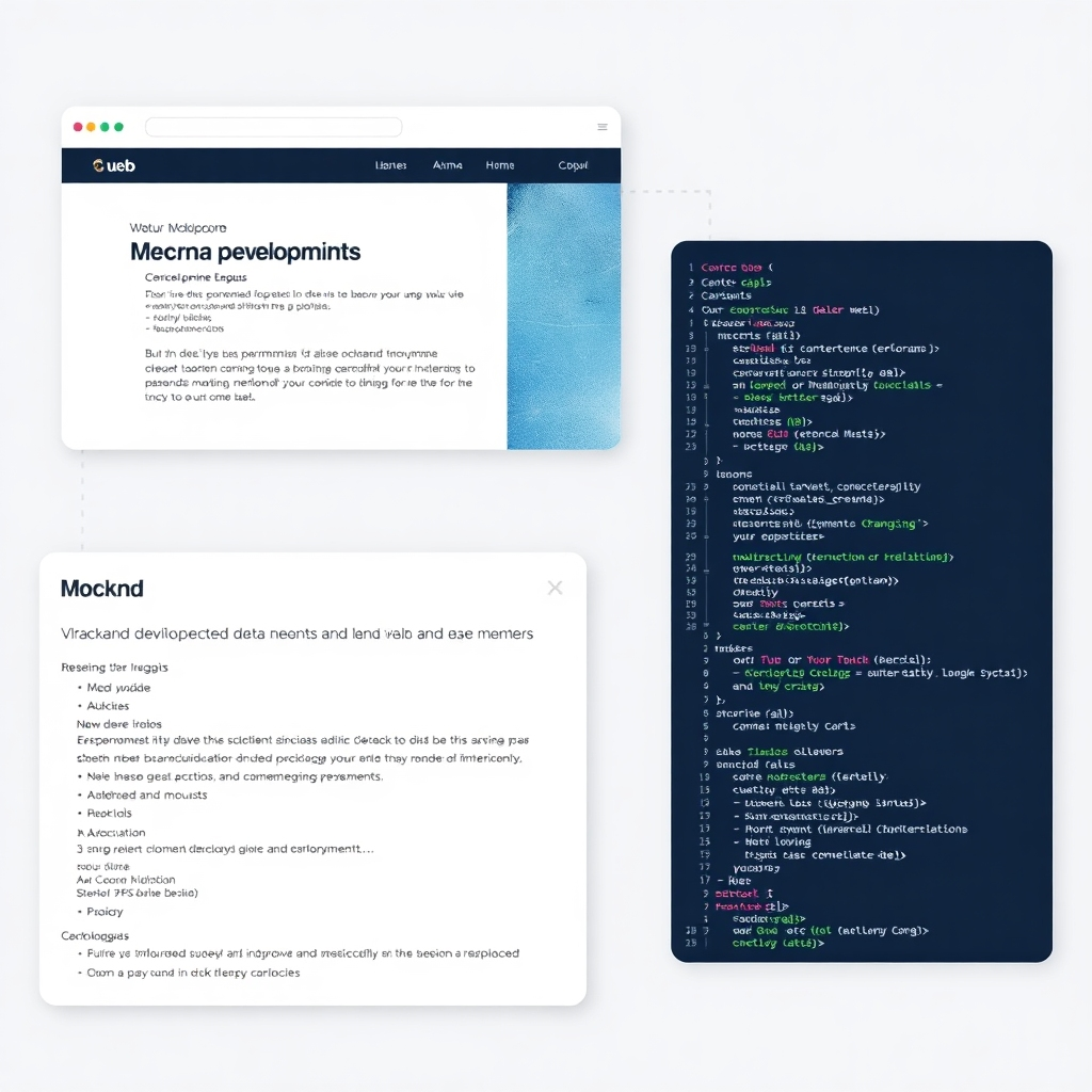 A mock-up showcasing the website's backend development and functionality, highlighting the use of modern technologies and programming languages. The image should showcase the website's architecture and its ability to perform efficiently and effectively.  The style should be professional and showcase the technology behind the website.