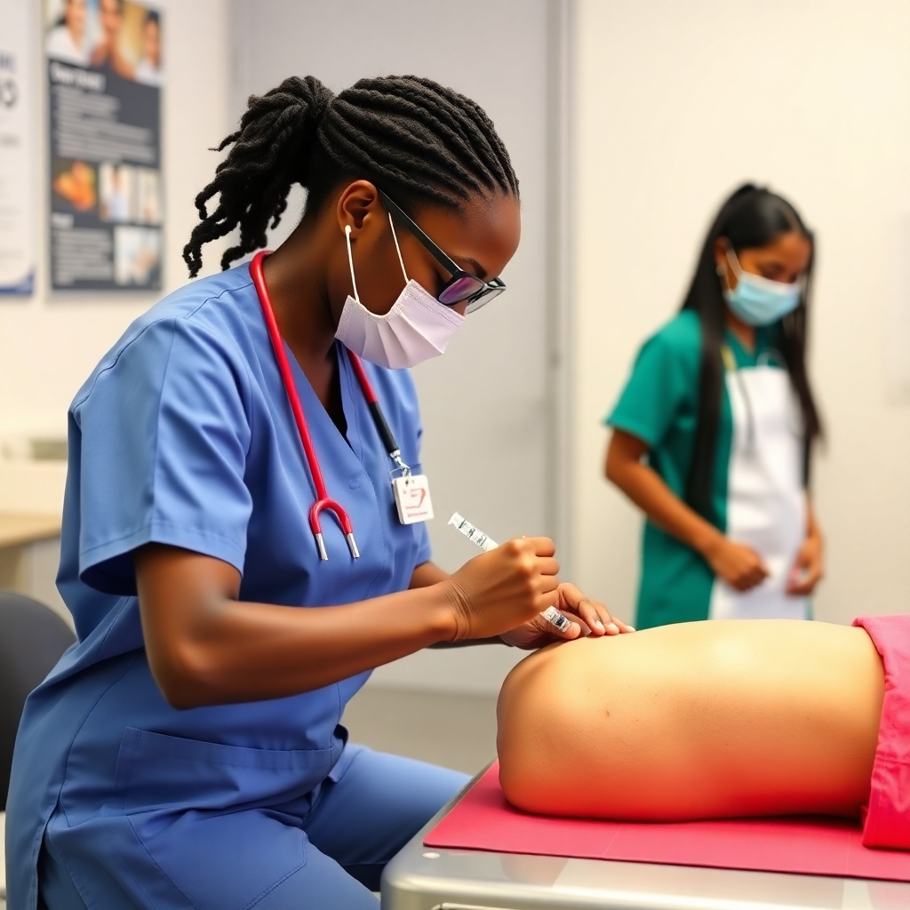 A photorealistic image (4K) of students engaged in practical skills training, such as administering injections or performing CPR.  The image should be well-lit and showcase the advanced technology used in the training. The color palette should focus on cleanliness and professionalism.  The camera angle should showcase the precision and care taken by the students during the training.  The overall message should convey a high level of skill and expertise in training.