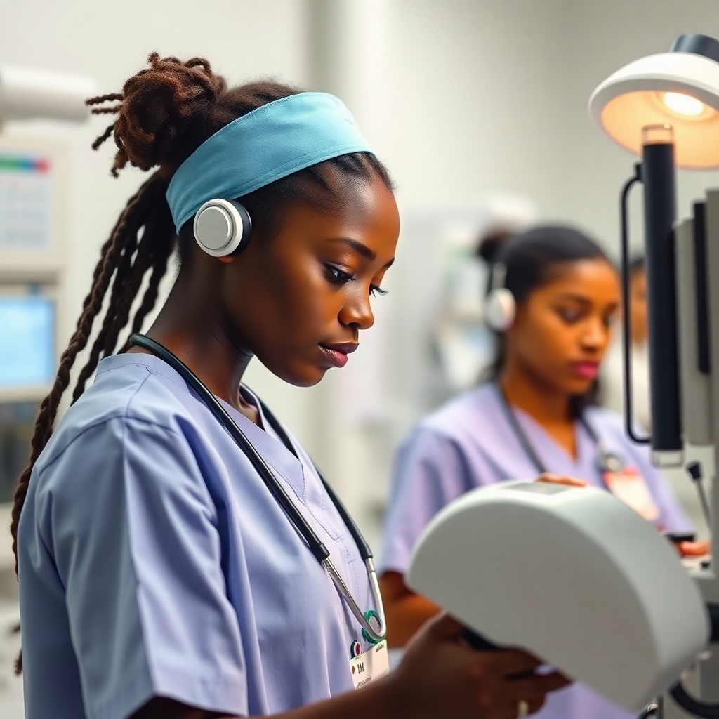 Photorealistic image (4K) of a student using high-tech medical equipment. Bright lighting, sharp focus, and detailed textures.  Color palette should be modern and clinical, focusing on cleanliness and efficiency. Camera angle from a slightly low perspective. The background should suggest a sophisticated modern nursing lab with advanced technologies. The style should reflect a leading-edge academic institution. The overall message should convey a sense of innovation and technology in nursing education.