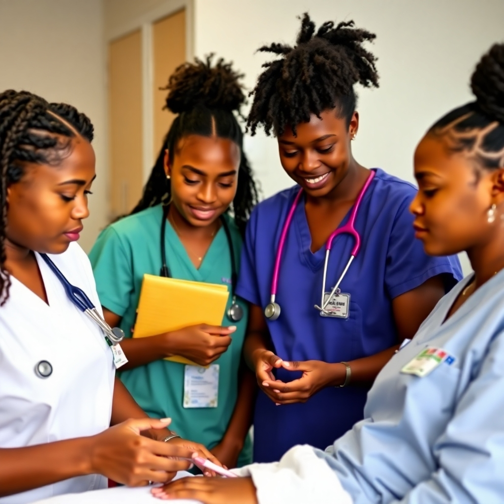 Generate a 4K photorealistic image showing diverse students engaged in hands-on learning, such as administering simulated patient care or collaborating on a healthcare project. The image should be bright and airy, with a color palette emphasizing warmth and collaboration. The camera angle should be slightly elevated to show the students interacting effectively, highlighting teamwork and collaboration. The style should mimic professional medical journals. The environment should suggest a modern and equipped classroom or simulation lab. Focus on the expressions and the energy of the students, showcasing the enthusiasm for learning and the collaborative environment.