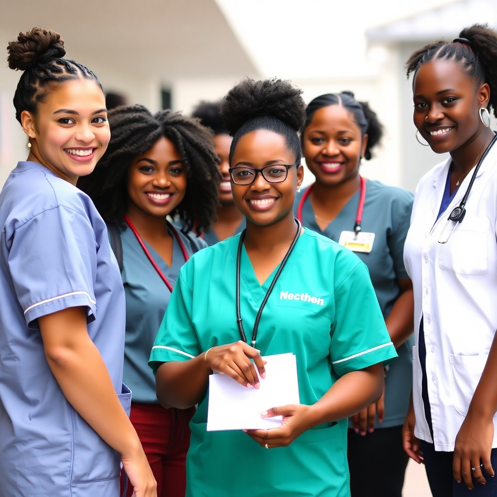 Create a 4K photorealistic image depicting a diverse group of nursing students volunteering in a community healthcare setting, such as a clinic or outreach program. The image should highlight the positive impact they have on their community. The lighting conditions should be natural and bright, enhancing the warmth and positivity of the scene. The color palette should be bright and hopeful, reflecting the impact of their efforts. The camera angle should focus on the interaction between the students and the community members. The overall mood should be uplifting and compassionate, emphasizing the role of nurses in promoting health and well-being.