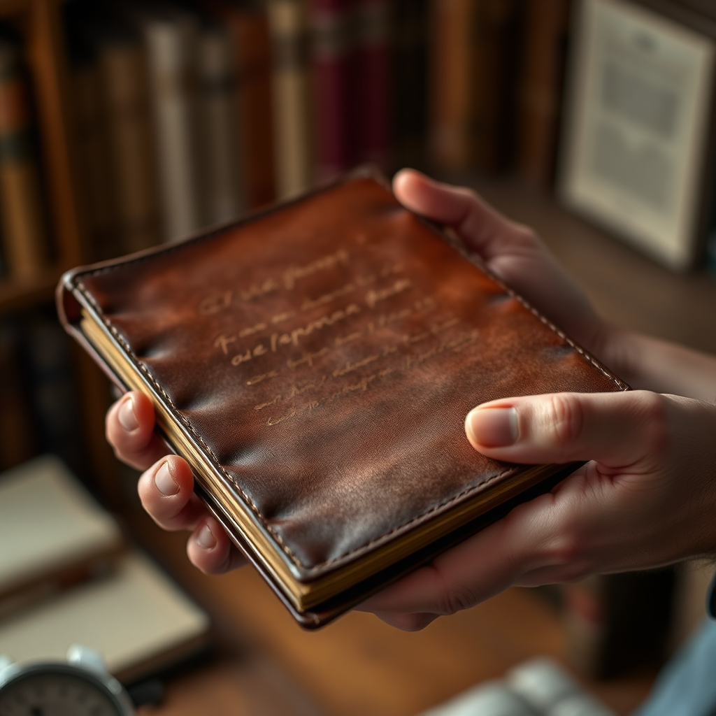 A close-up, photorealistic image of the author's hands holding a worn leather-bound journal. The lighting is soft and natural, highlighting the texture of the leather and the delicate script within. The background is blurred, hinting at a cozy study filled with books. Style: Warm, intimate, and scholarly. 8K resolution, hyperrealistic detail.