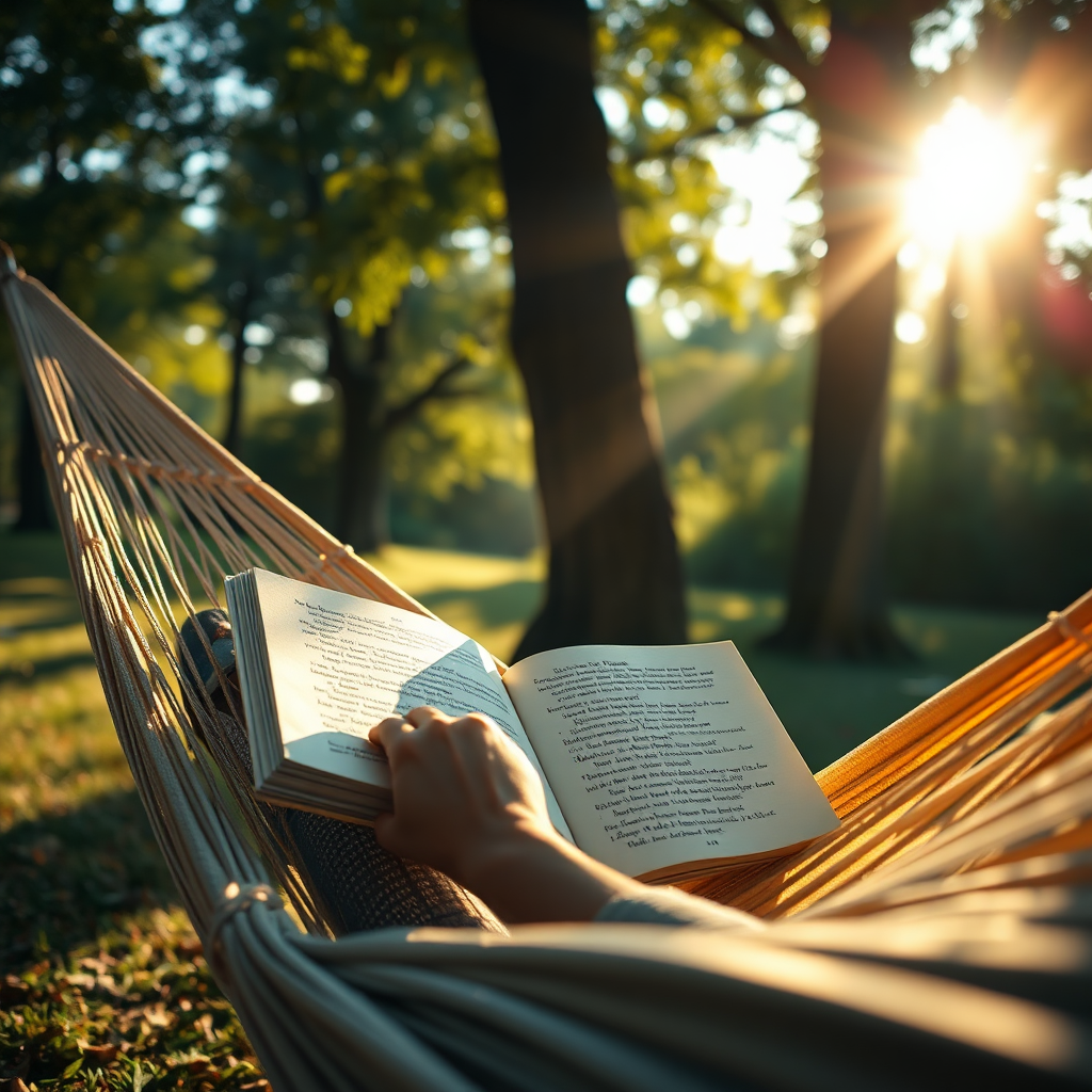 A photorealistic image of a person relaxing in a hammock, reading a book of poetry. Sunlight filters through the trees, creating a sense of peace and tranquility. Focus on hyperrealistic texture and detail. 8K resolution.
