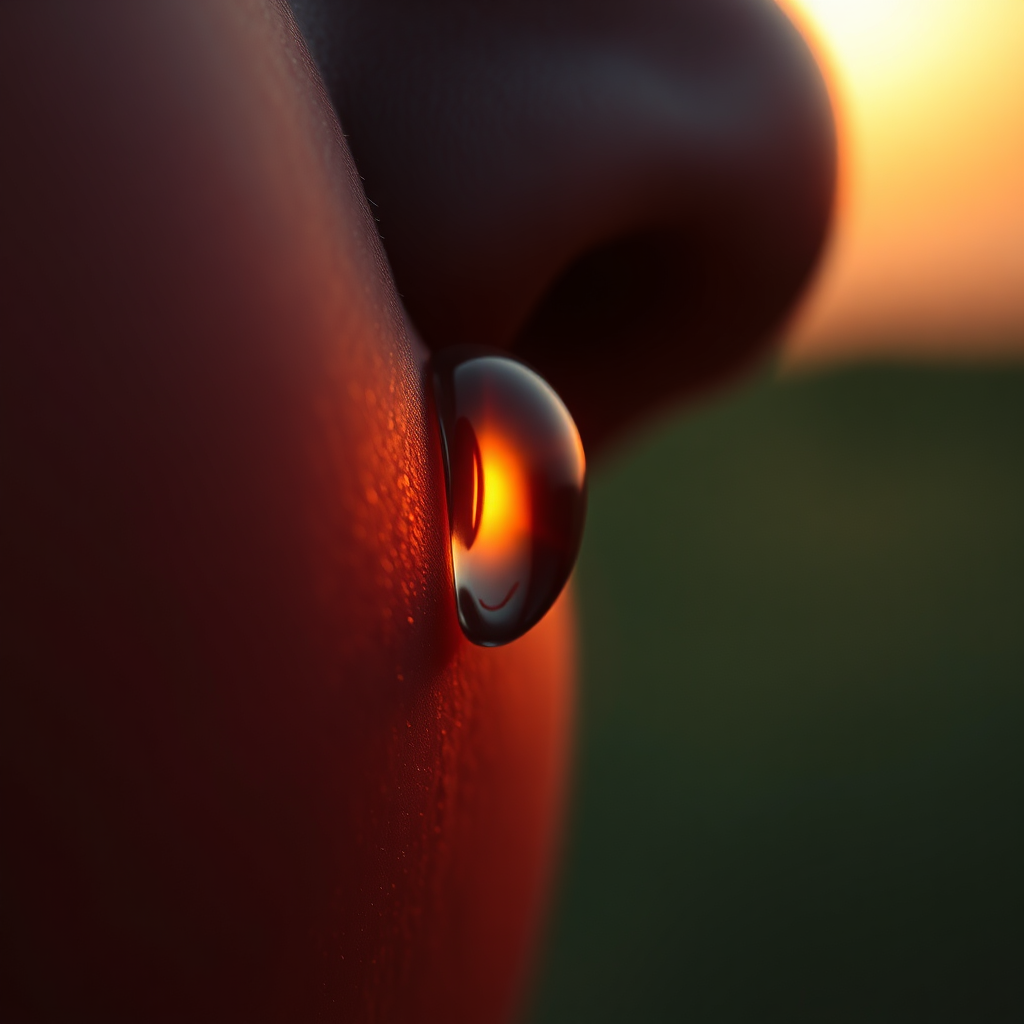 A photorealistic image of a single tear rolling down a cheek, reflecting a vibrant sunset. The background is blurred and dreamlike. The lighting is soft and warm, emphasizing the emotion of the moment. Focus on hyperrealistic texture and detail. 8K resolution.