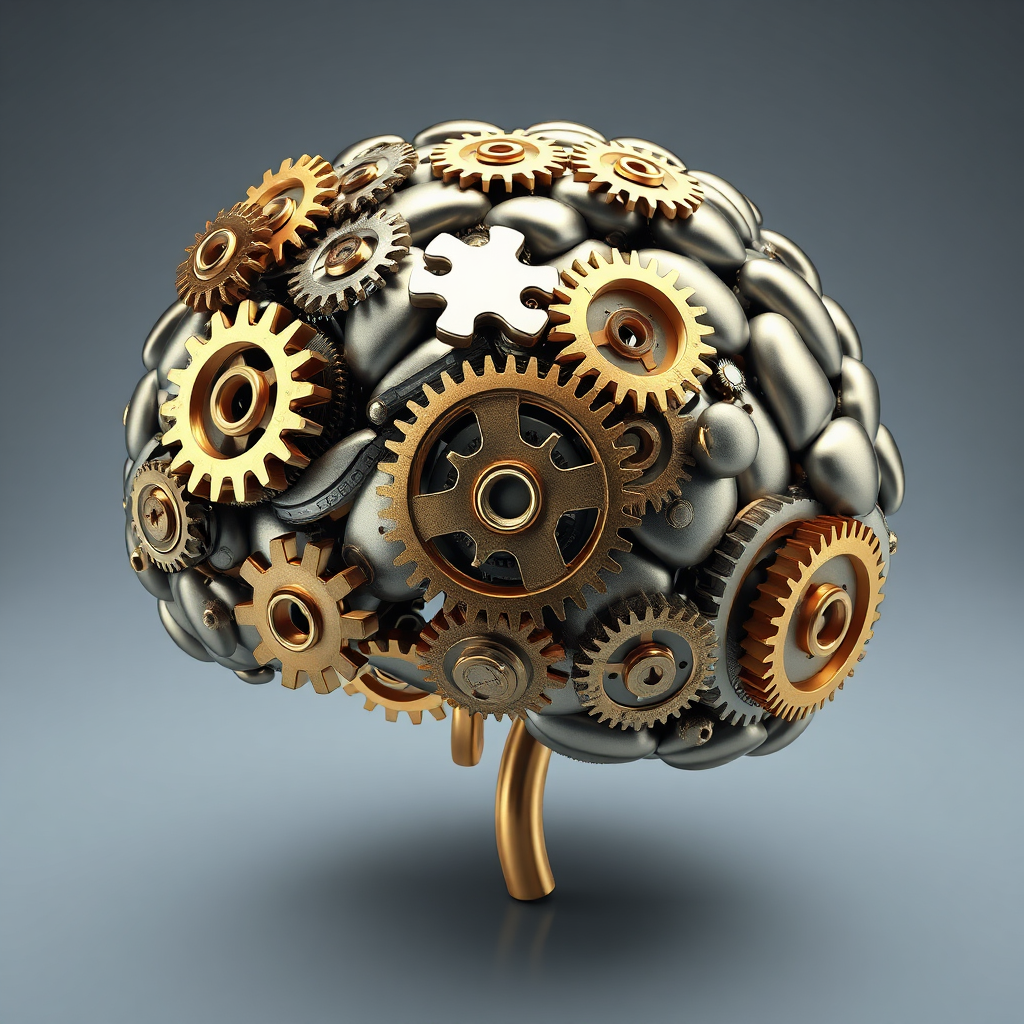 A stylized image of a brain composed of intricate clockwork gears and interconnected puzzle pieces. The color palette is primarily metallic and cool-toned, representing logic and precision. 8K resolution.