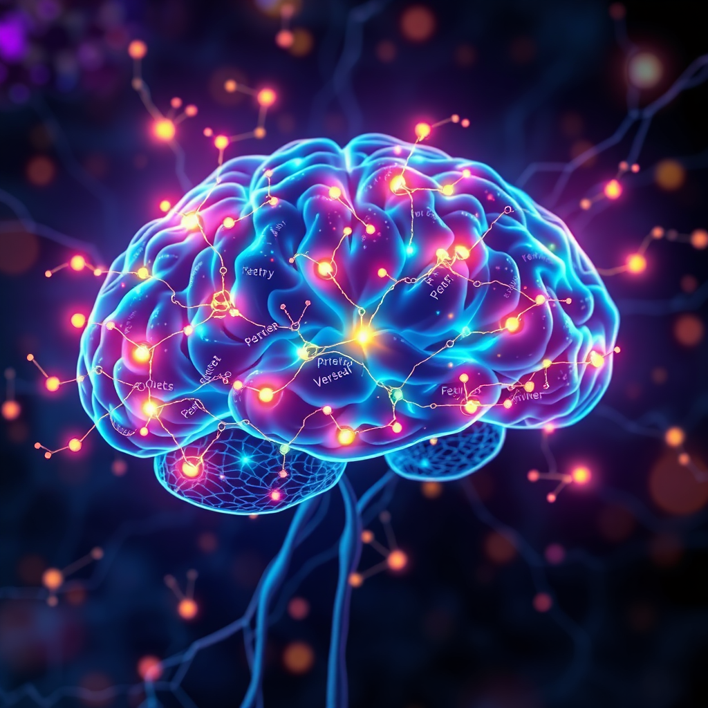 A stylized image of neurons firing within a brain, visualized as glowing pathways connecting poetry verses and puzzle solutions. The color palette is vibrant and energetic. 8K resolution.