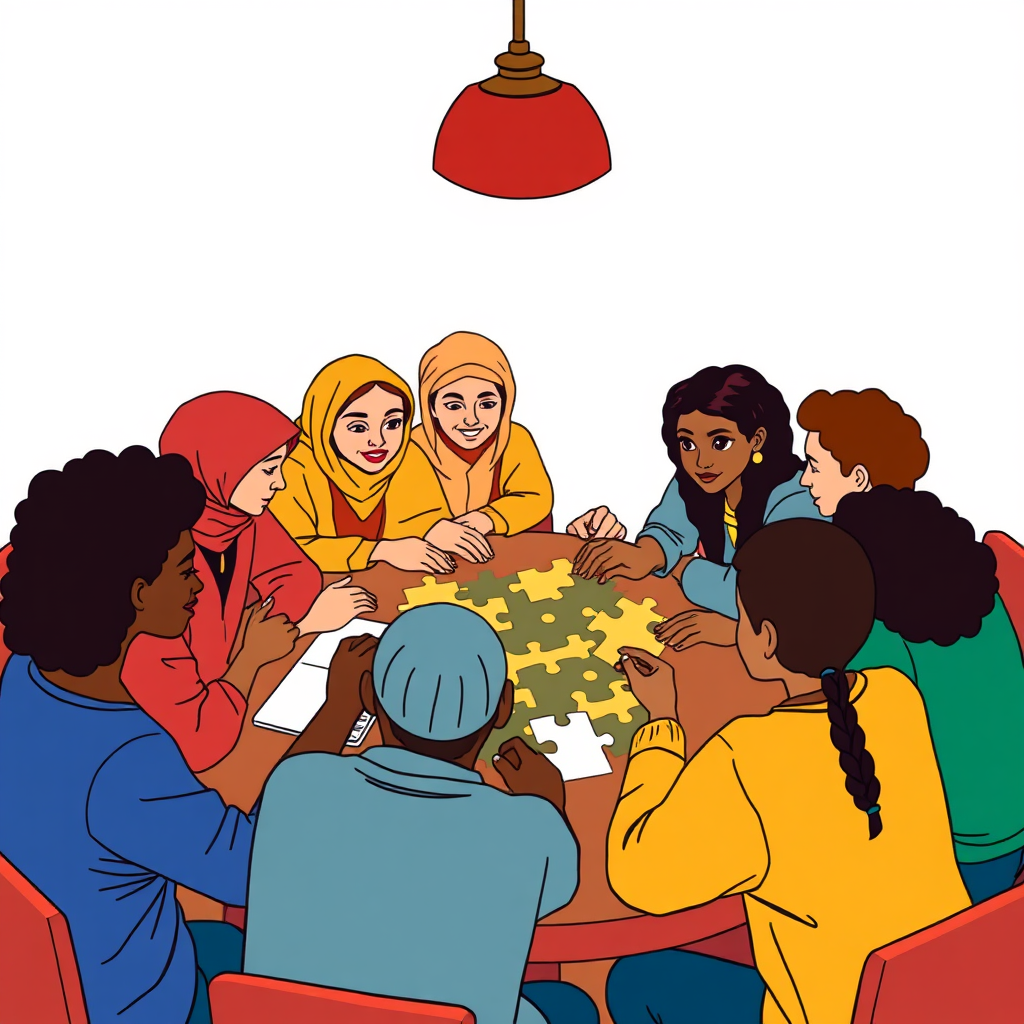 A stylized image of people from diverse backgrounds gathered around a table, working together on a puzzle and sharing poetry. The color palette is vibrant and inclusive. 8K resolution.