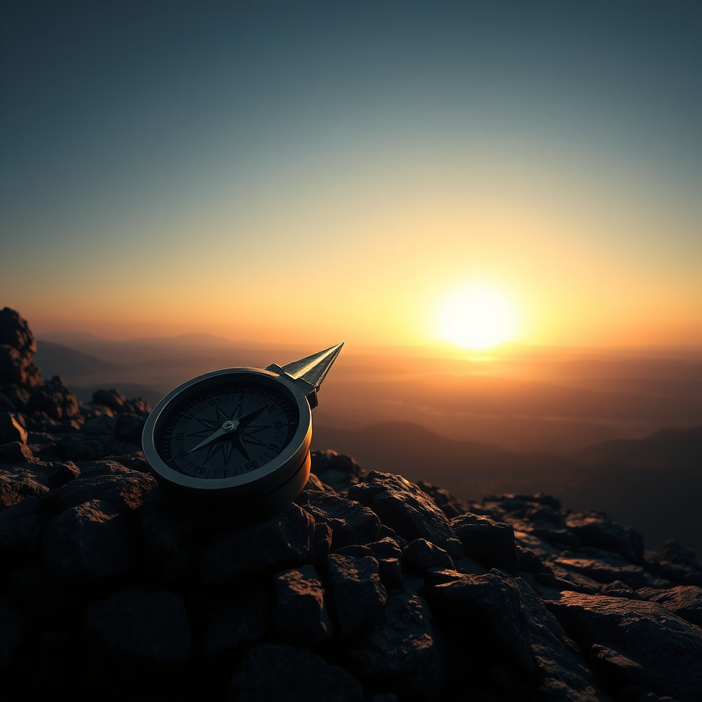 Create a photorealistic image of a compass pointing towards a distant, glowing horizon filled with abstract shapes representing poetry and puzzles. The foreground is a rugged, rocky landscape. The lighting is dramatic and hopeful. 8K resolution.